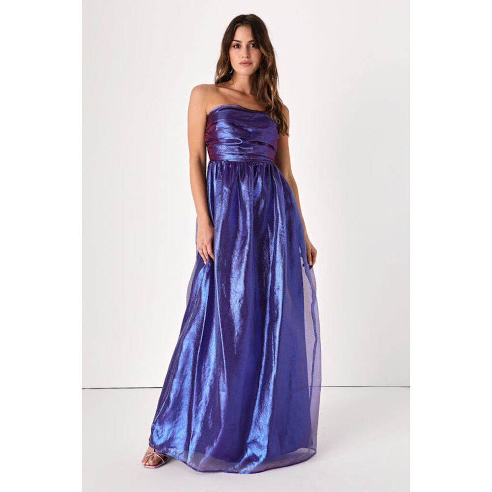 Lulus Beyond Precious Iridescent Blue Strapless Organza Maxi Dress - Size XL